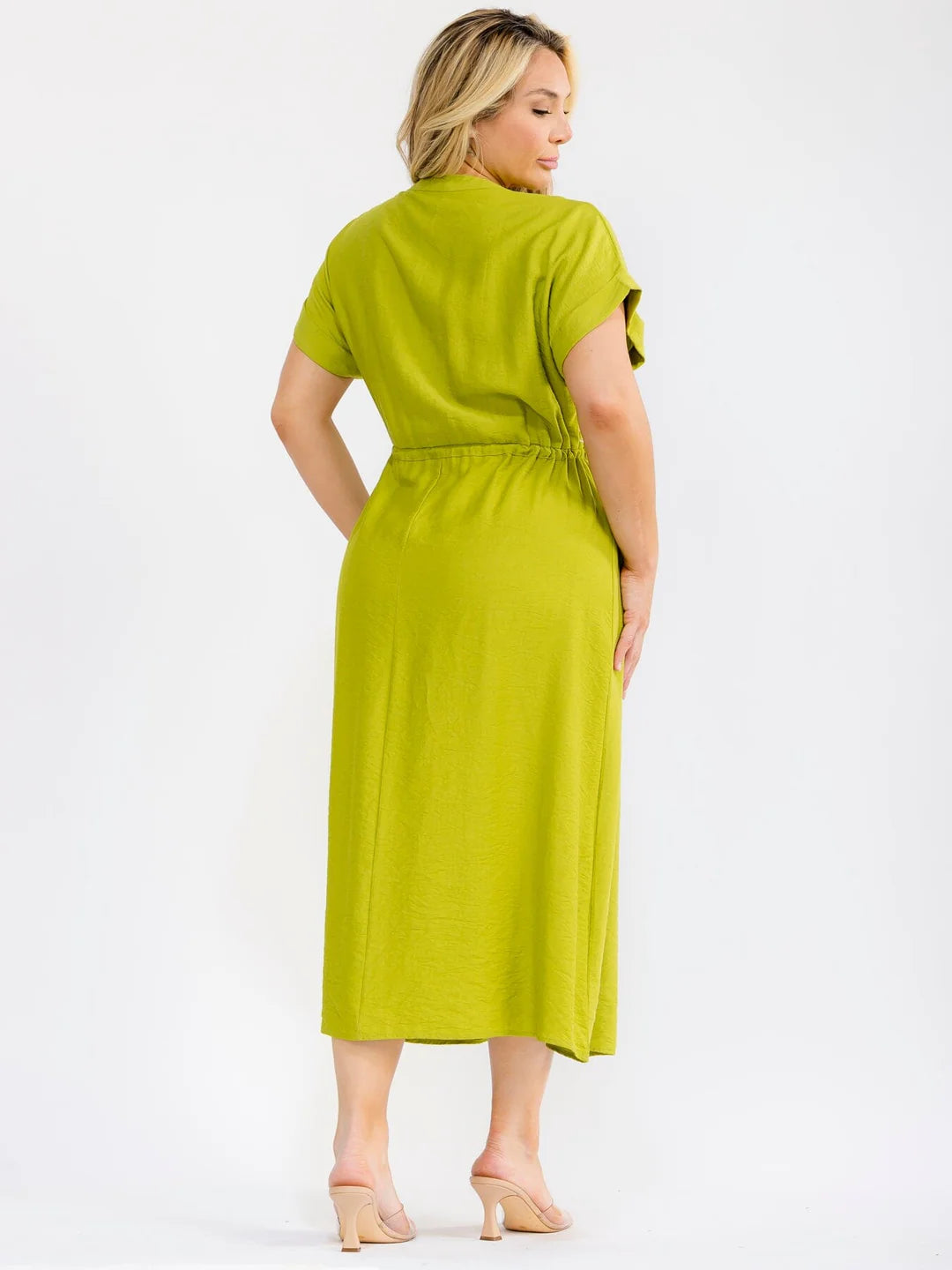 PLUS SIZE SHORT SLEEVE BUTTON UP SELF TIE ELASTIC WAIST EMBROIDERY MAXI DRESS
