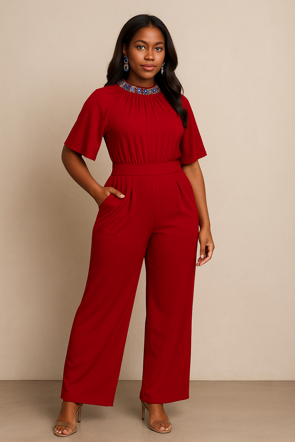 Bella Short Sleeve Pocket Studs Detailed Neck Jumpsuit