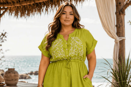 PLUS SIZE SHORT SLEEVE BUTTON UP SELF TIE ELASTIC WAIST EMBROIDERY MAXI DRESS